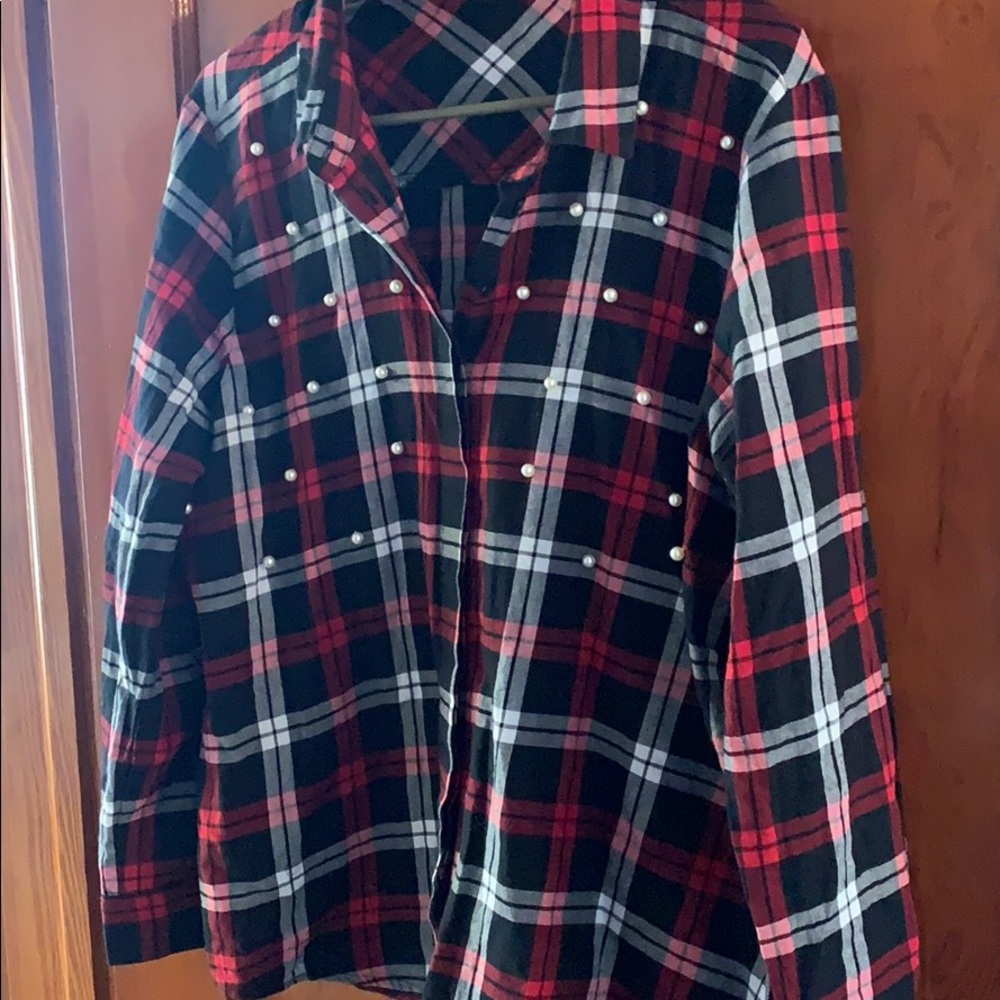 Red black and white checkered button down